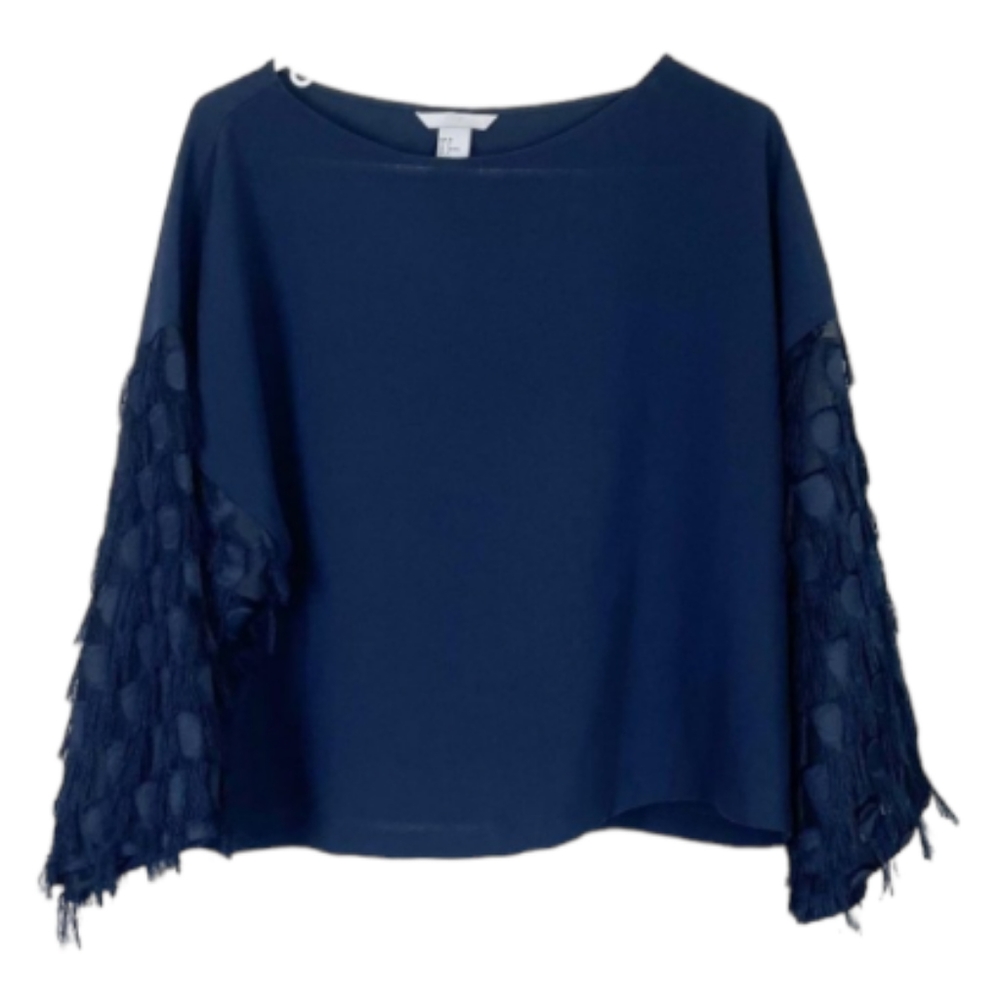 H&M Navy Formal Cropped Oversized Top Blouse US size 2 with sheer sleeve